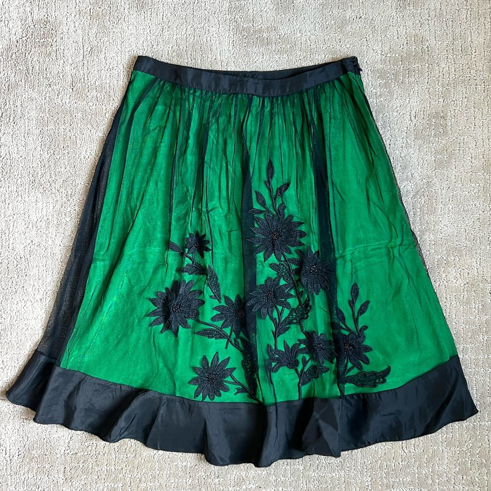 Anthropologie Lithe A-Line Skirt Green/Black Mesh overlay and Floral Embroidery